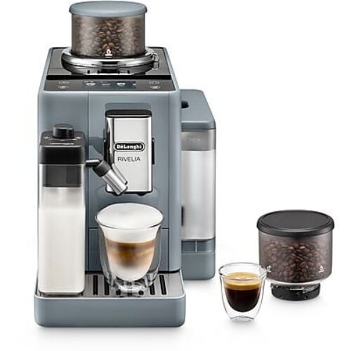 Macchina Automatica per Caffè DE’LONGHI Rivelia EXAM440.55.G, Caraffa Montalatte Automatica, 2 portachicchi intercambiabili, 16 bevande dirette, Display Touch, 19 bar, 1450 W, Grigio